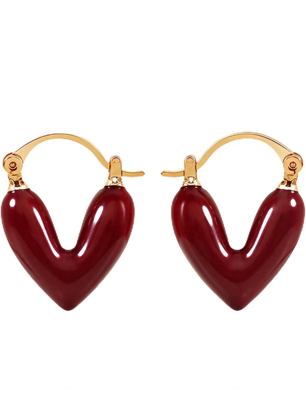 14k Gold plated Hoop Earrings with Deep Red Heart Drops